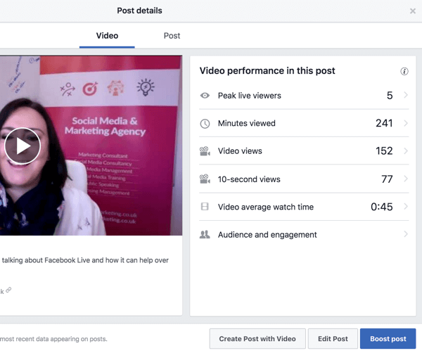 Pasirinkite vaizdo įrašą „Facebook“ vaizdo įrašų bibliotekoje, kad pamatytumėte našumo metriką.