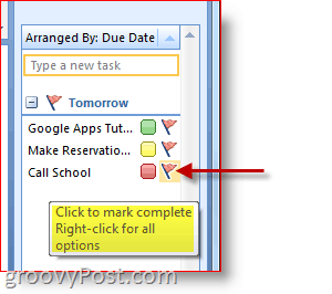 „Outlook 2007“ užduočių juosta – spustelėkite Užduočių vėliavėlę, kad pažymėtumėte kaip baigtą