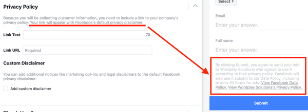 Privatumo politikos, įtrauktos į „Facebook“ potencialių klientų skelbimų kampanijos parinktis, pavyzdys.