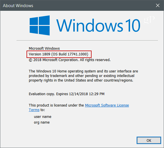 „Winver“ „Windows 10“ 1809 versija