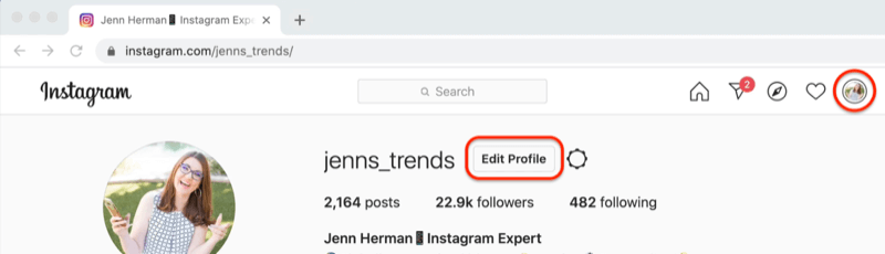 „Instagram“ profilio ekrano kopija su paryškintu mygtuku „Redaguoti profilį“