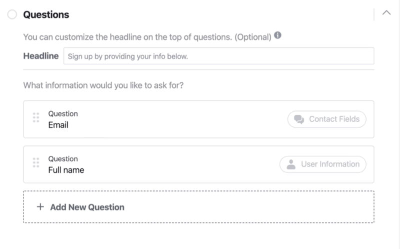 Klausimų skyrius „Facebook“ potencialių klientų formos nustatymo procese