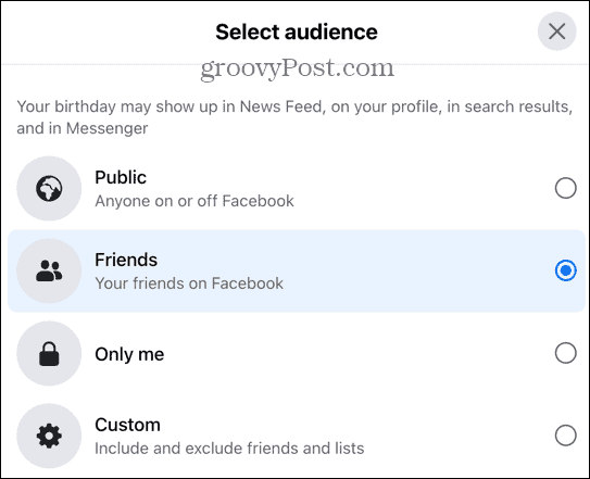 facebook auditorijos parinktys
