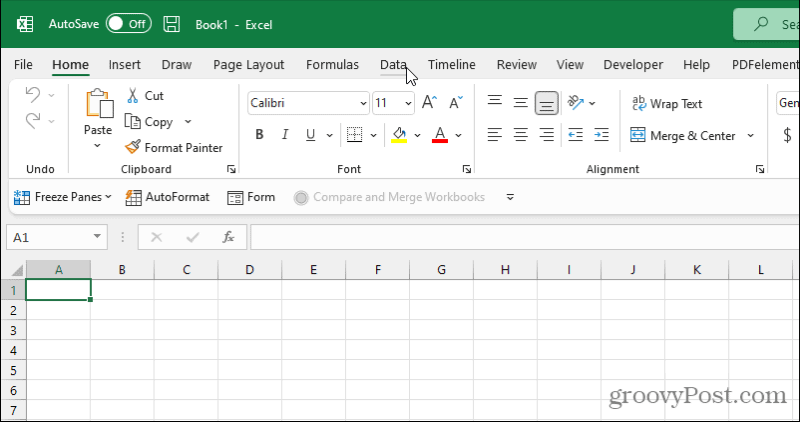 „Excel“ duomenų meniu