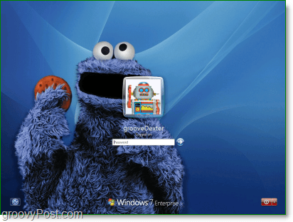 „Windows 7“ su mano mėgstamiausios sezamo gatvės „Cookie Monster“ fone
