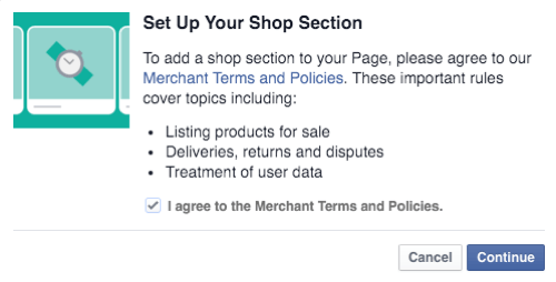 sutikite su „Facebook“ parduotuvės prekybininko sąlygomis ir politika ir tęskite