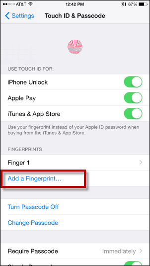 Bakstelėkite Pridėti pirštų atspaudą - pridėkite pirštų atspaudą prie „Touch ID“
