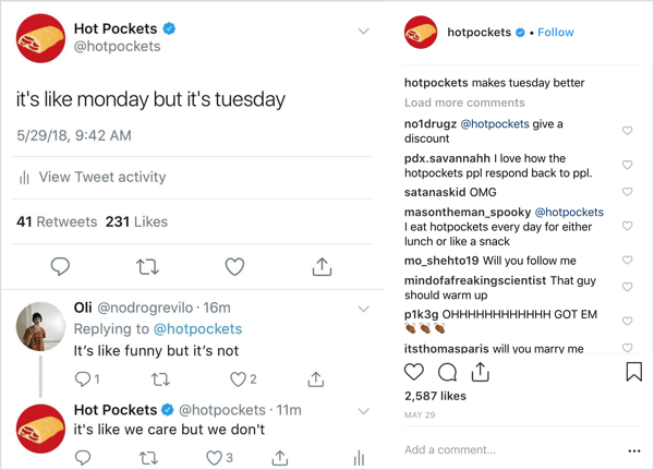 „Hot Pockets“ „Instagram“ įrašas su prekės ženklo keistu humoru.