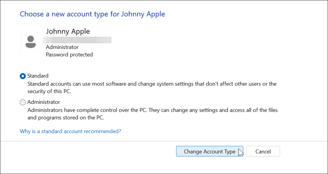 Pakeiskite paskyros tipą sistemoje „Windows 11“.