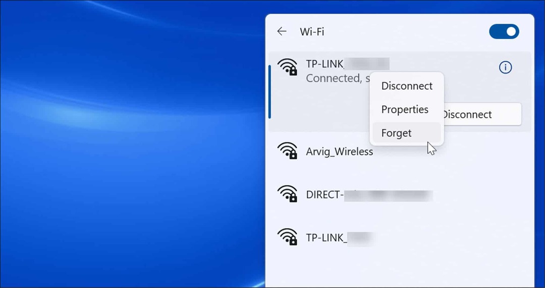 pamiršti „Wi-Fi“ tinklą „Windows 11“.