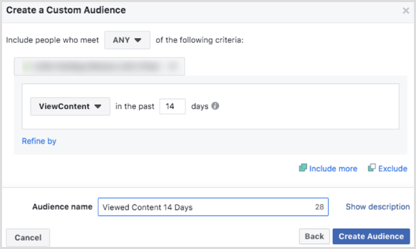 Pasirinkite „Facebook“ pasirinktos auditorijos svetainės sukūrimo parinktis pagal „ViewContent“ įvykį 