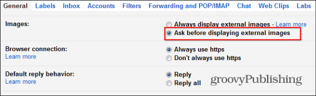 Kaip išjungti automatinį „Gmail“ vaizdų įkėlimą