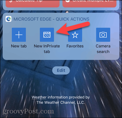 „IOS“ valdiklyje „Edge“ bakstelėkite Naujas „InPrivate“ skirtukas