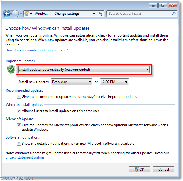 „Windows 7“ - „Windows“ naujinimo konfigūracijos meniu ekrano kopija