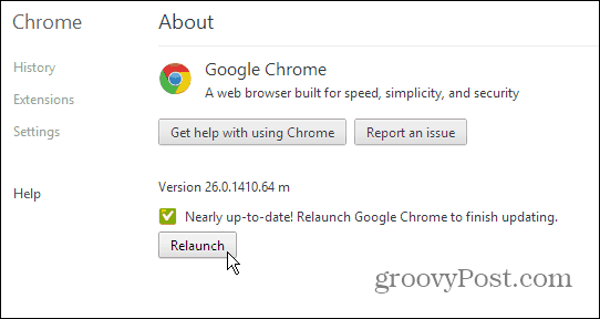 „Google Chrome“ puslapis apie puslapį - atnaujinkite ir paleiskite iš naujo