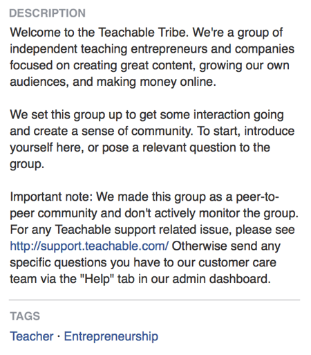„Facebook“ grupės aprašyme „Teachable“ tiesiogiai nurodo, kad jos „Facebook“ grupė yra apie bendruomenės kūrimą.