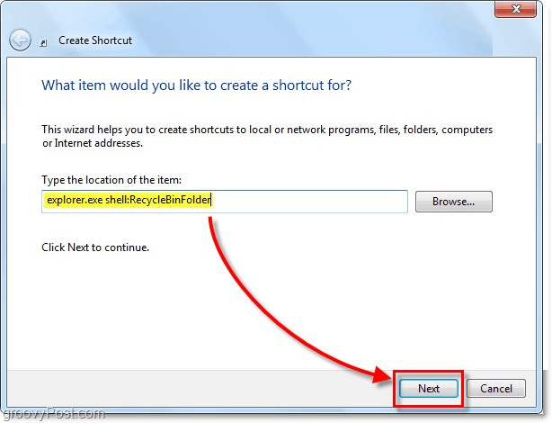pridėti šiukšlinės naršyklės „Shelle“ plėtinį kaip „Windows 7“ nuorodą