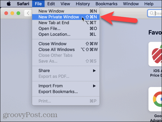 „Mac“ sistemoje „Safari“ pasirinkite Naujas privatus langas