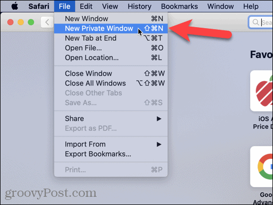 Pasirinkite „Naujas privatus langas“ „Mac“ „Safari“