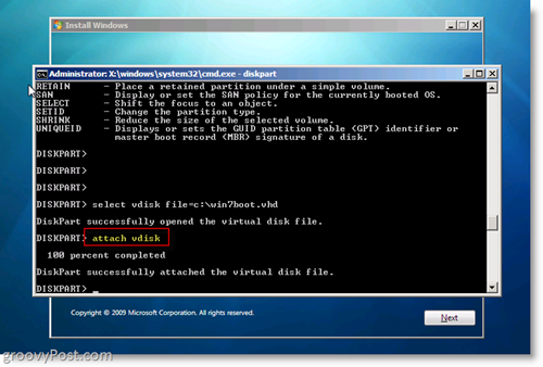 „Windows 7“ vidinis VHD diegti dvigubą įkrovos priedą VHD iš „CMD Prompt“