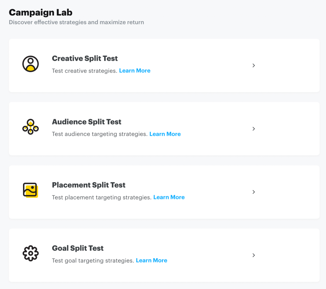 nustatykite „Snap“ padalijimo testą naudodami „Campaign Lab“ 1 veiksmą