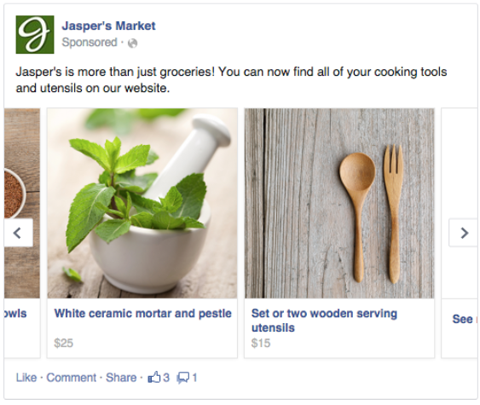 „Facebook“ kelių produktų skelbimų pavyzdys