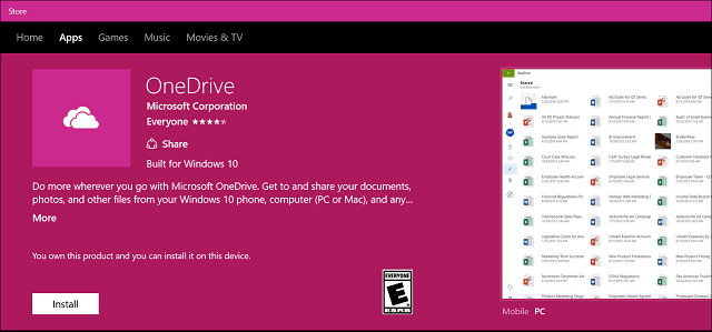 „OneDrive“ programos „Windows 10“