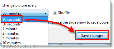 nustatykite „Windows 7“ fono sukimosi greitį iki 10 sekundžių ir išsaugokite, pakeiskite jį atgal