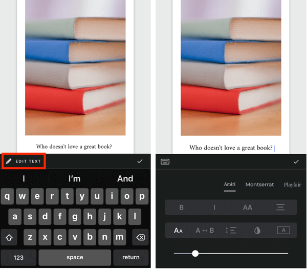 Sukurkite „Unfold Instagram story“ 5 veiksmą, kuriame pateikiamos teksto redagavimo parinktys.