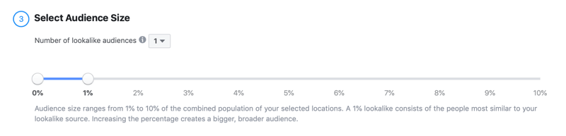 pasirinkite „Facebook“ išvaizdos auditorijos dydį