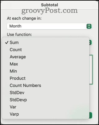 „Excel“ tarpinės sumos dialogo lange galimos įvairios funkcijos