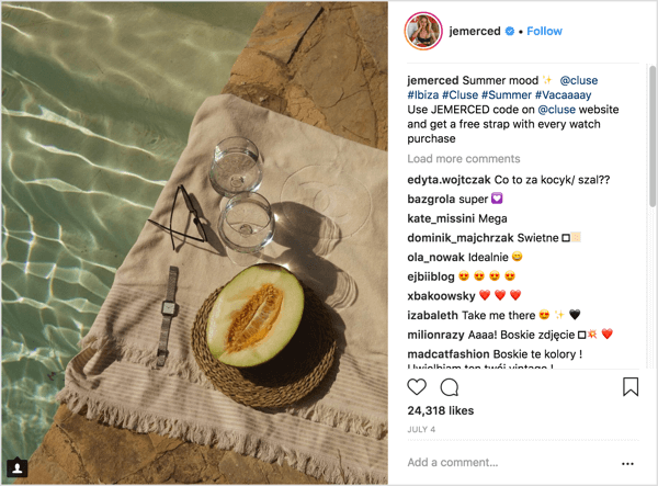 „Instagram influencer“ rinkodaros kampanijos įrašo su unikaliu pasiūlymo kodu pavyzdys