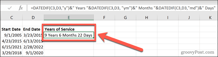 Excel datadif metų mėnesiai ir tarnybos dienos