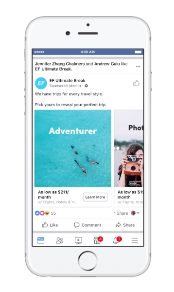 „Facebook“ išleido naujo tipo dymanišką kelionių skelbimą, vadinamą kelionės svarstymu.