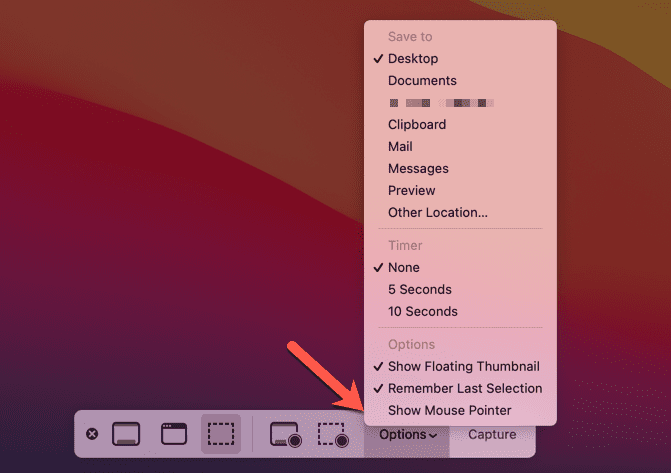 „Mac“ ekrano kopijų juostos parinktys
