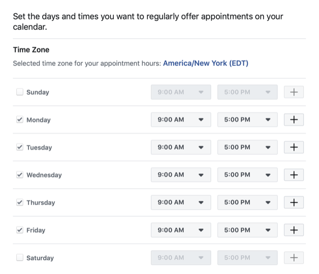 nustatykite datas ir laiką, kada galima užsisakyti paskyrą „Facebook“ puslapyje