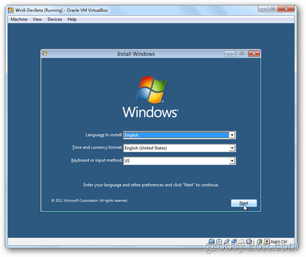 „VirtualBox Windows 8“ diegimo meniu