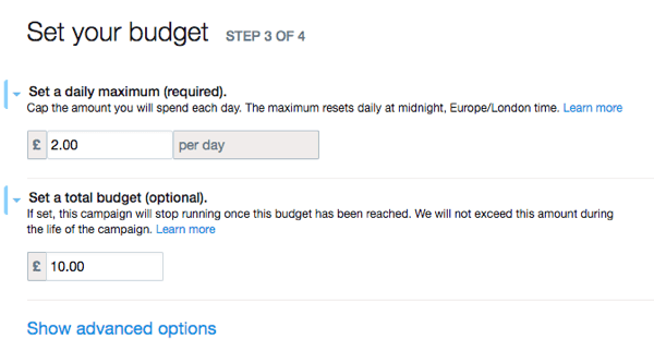 Nustatykite „Twitter“ skelbimo biudžetą.
