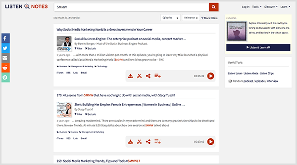 „Listen Notes“ yra tinklalaidžių paieškos įrankis. Ieškant termino SMMW, pateikiamas ilgas tinklalaidžių, kuriose diskutuojama apie socialinės žiniasklaidos rinkodaros pasaulį, rezultatų sąrašas.