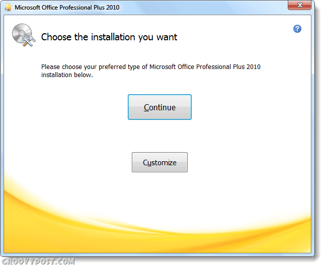 pasirinkti diegimo tipą „Office 2010“