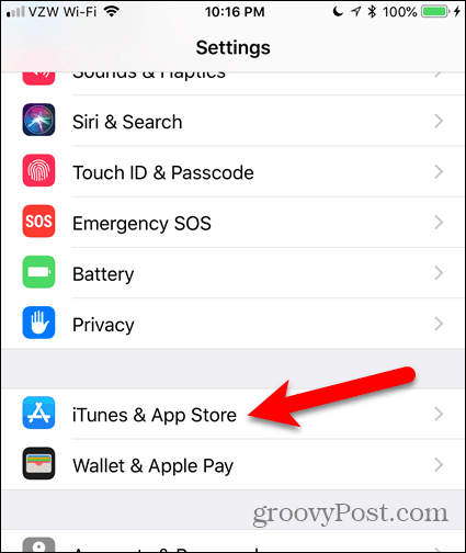 Nustatymų ekrane palieskite „iTunes“ ir „App Store“