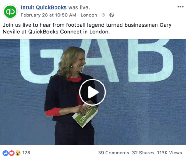 „Facebook“ įrašo, kuriame skelbiama apie būsimą „Intuit Quickooks“ tiesioginį vaizdo įrašą, pavyzdys.