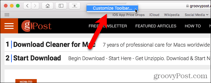 „Mac“ skirtoje „Safari“ pasirinkite tinkinti įrankių juostą