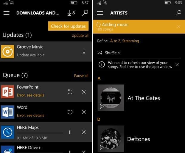 Groove muzikos naujinimas „Windows 10 Mobile“