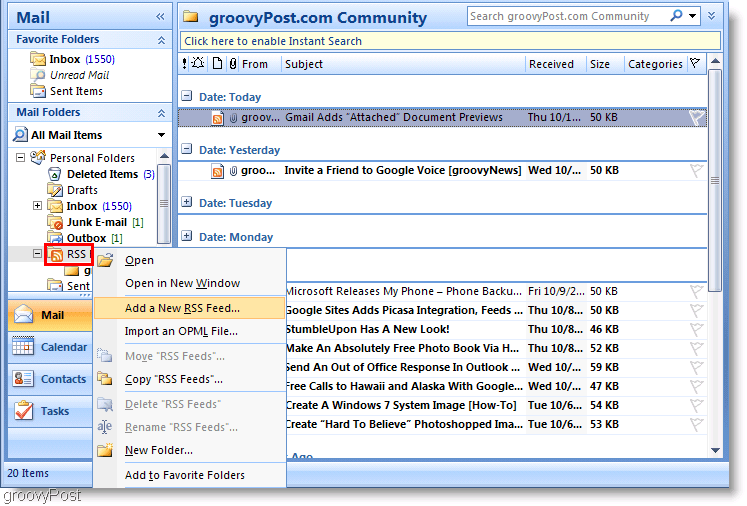 Ekrano kopija „Microsoft Outlook 2007“ Pridėti naują RSS tiekimą