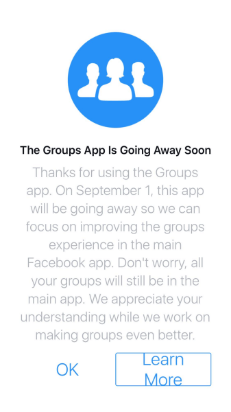 „Facebook“ nutrauks „iOS“ ir „Android“ grupių programą po 2017 m. Rugsėjo 1 d.