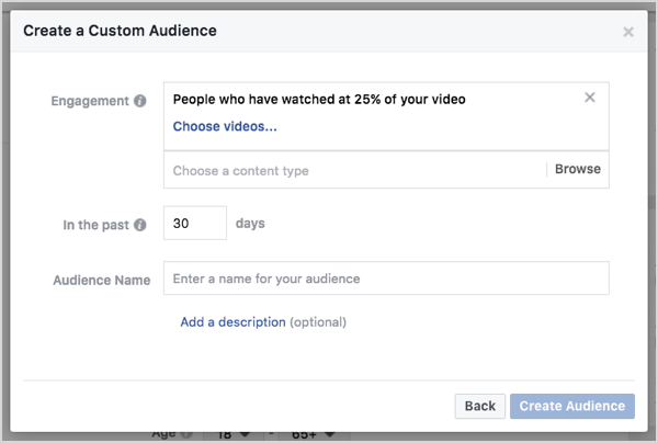 „Facebook“ pasirinkta auditorija, pagrįsta vaizdo įrašų peržiūromis per 30 dienų.