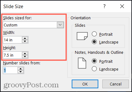 Įveskite tinkintą skaidrės dydį „PowerPoint“