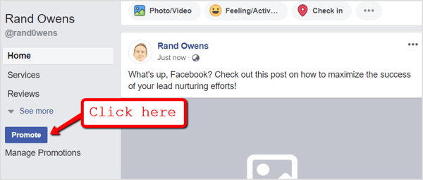 Eikite į savo „Facebook“ puslapį ir spustelėkite mygtuką Reklamuoti po naršymo skirtukais.