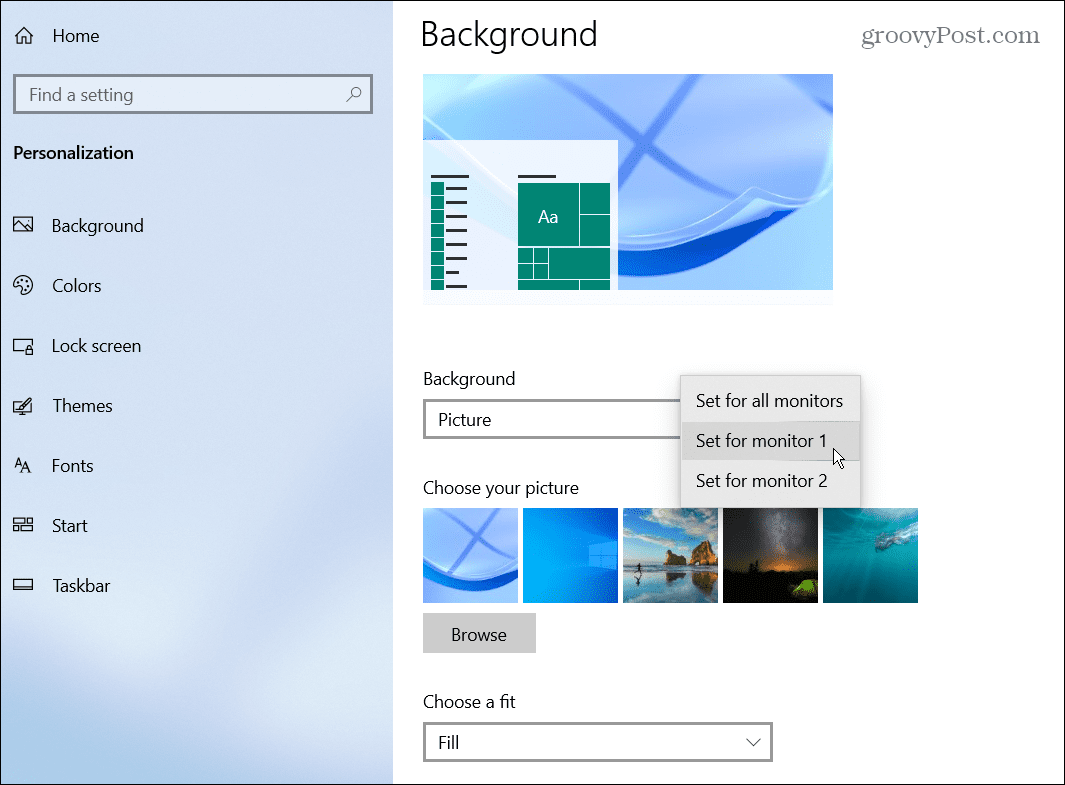 pasirinkti ekrano užsklandą „Windows 10“.